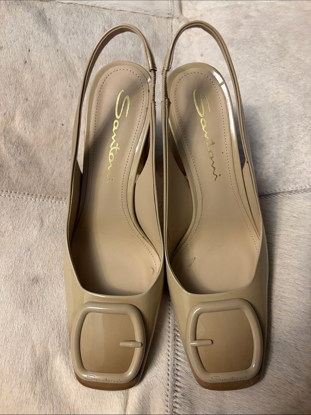 Santoni Beige Patent Slingback Pumps with Decorative Square Buckle